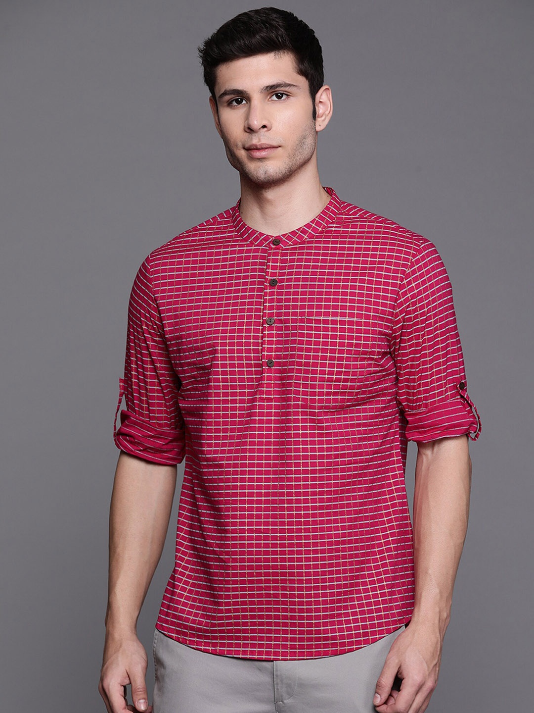 

Indo Era Checked Mandarin Collar Roll UP Sleeves Pure Corron Short Kurta, Pink