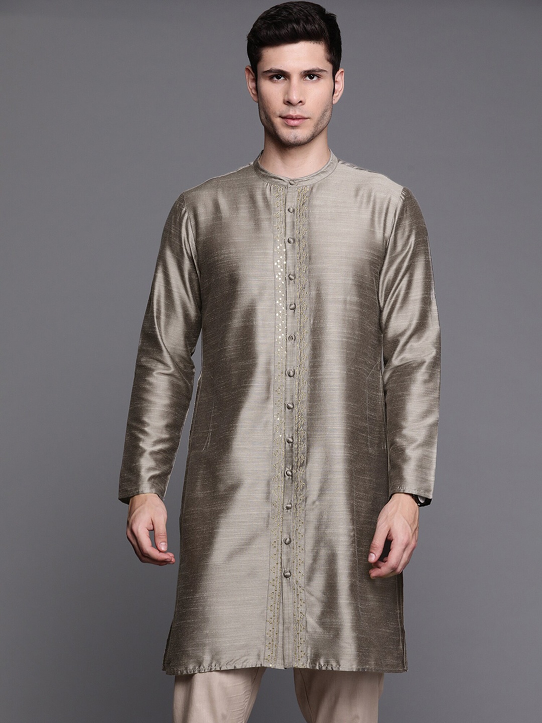

Indo Era Mandarin Collar Thread Work Chanderi Cotton Kurta, Grey