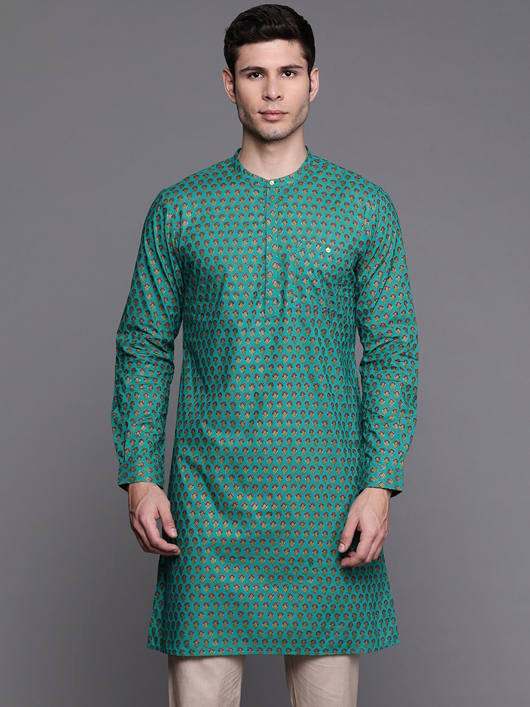 

Indo Era Ethnic Motifs Printed Mandarin Collar Pure Cotton Kurta, Sea green