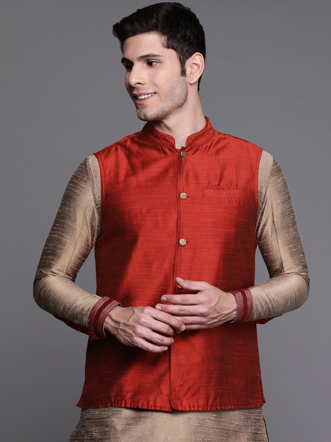 

Indo Era Mandarin Collar Woven Nehru Jackets, Orange