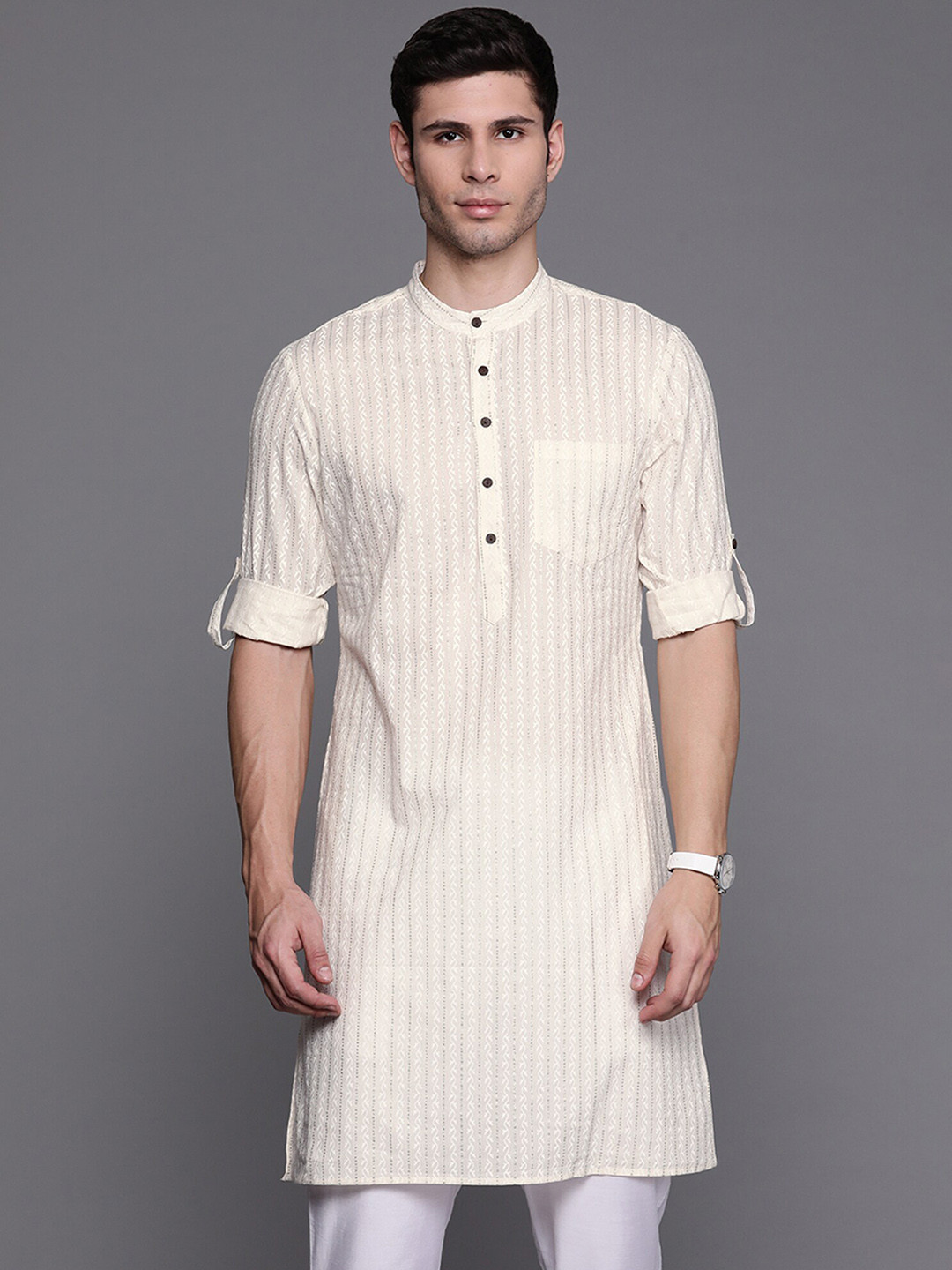 

Indo Era Band Collar Striped Cotton Kurta, White