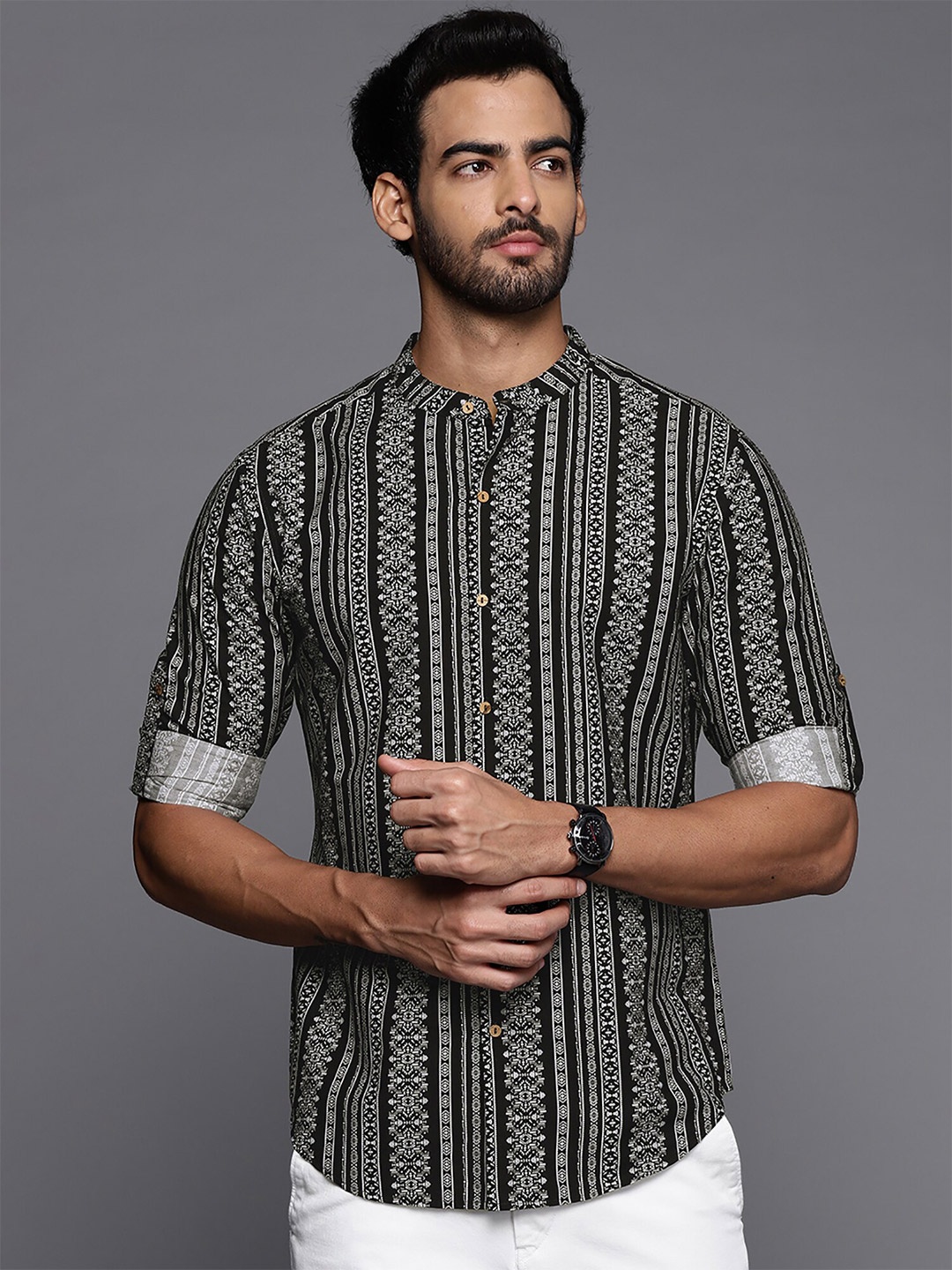 

Indo Era Smart Ethnic Motifs Printed Mandarin Cotton Casual Shirt, Black