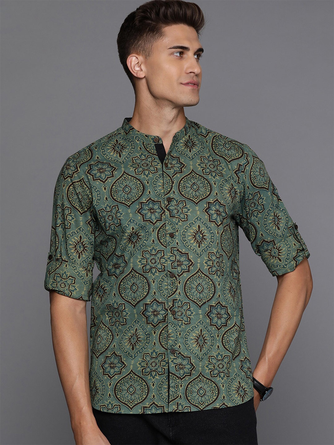 

Indo Era Smart Ethnic Motifs Printed Mandarin Cotton Casual Shirt, Olive