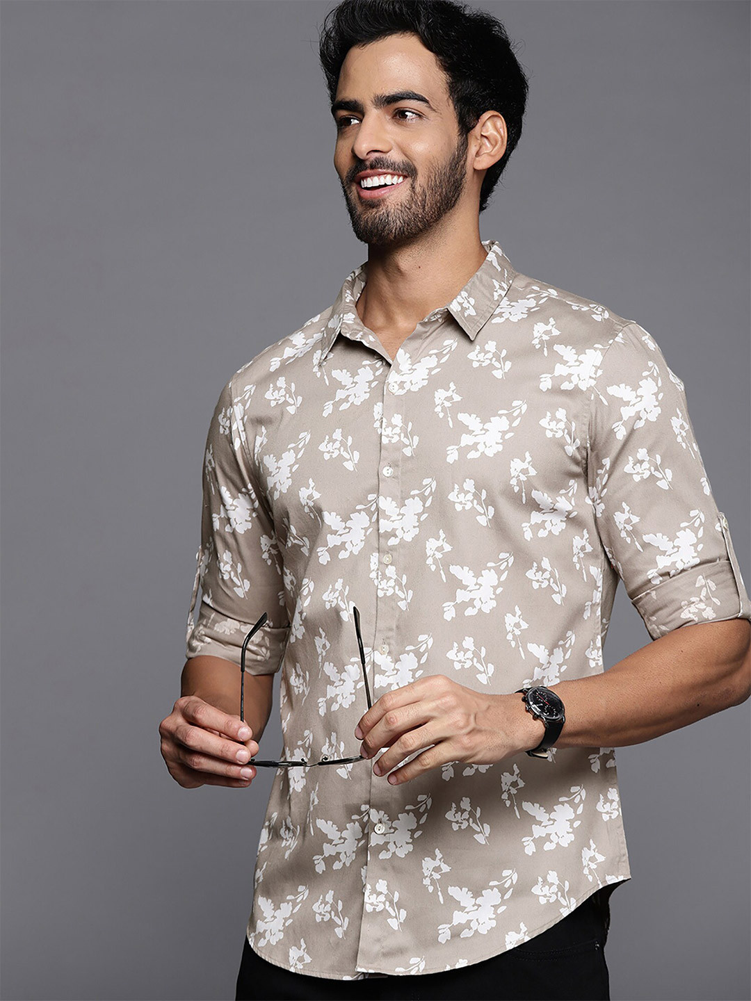 

Indo Era Smart Floral Printed Cotton Casual Shirt, Beige
