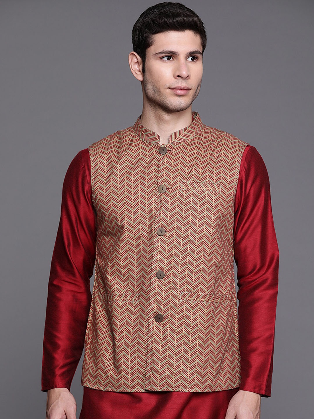 

Indo Era Striped Woven Nehru Jacket, Green