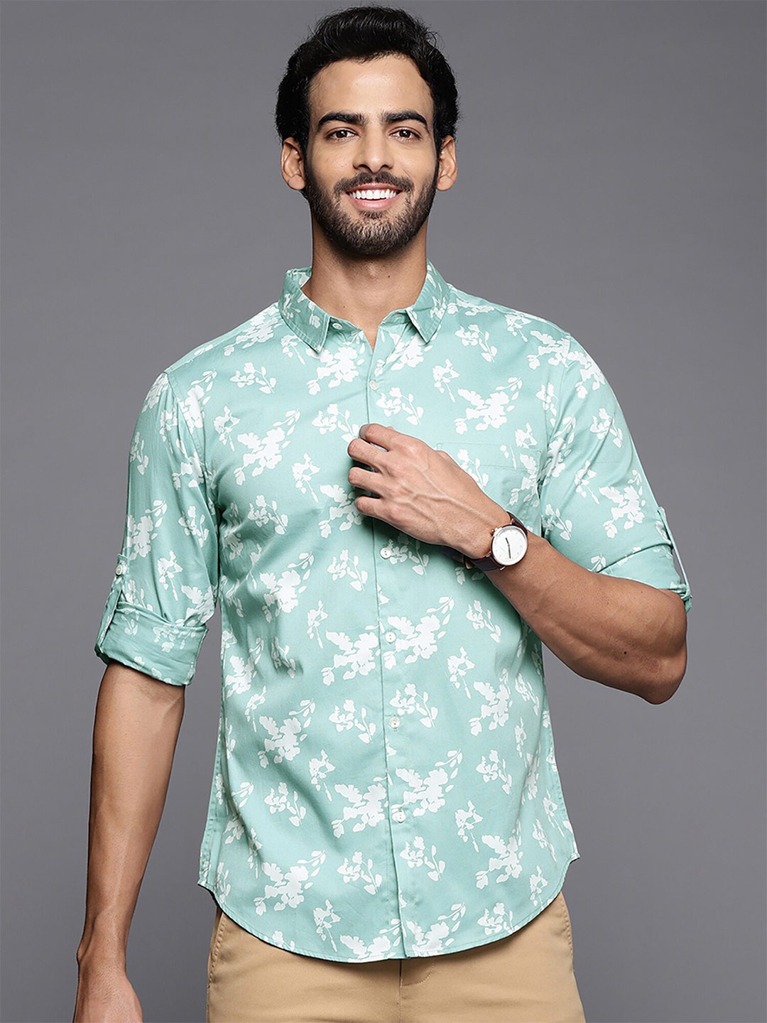 

Indo Era Smart Fit Floral Printed Opaque Casual Shirt, Turquoise blue