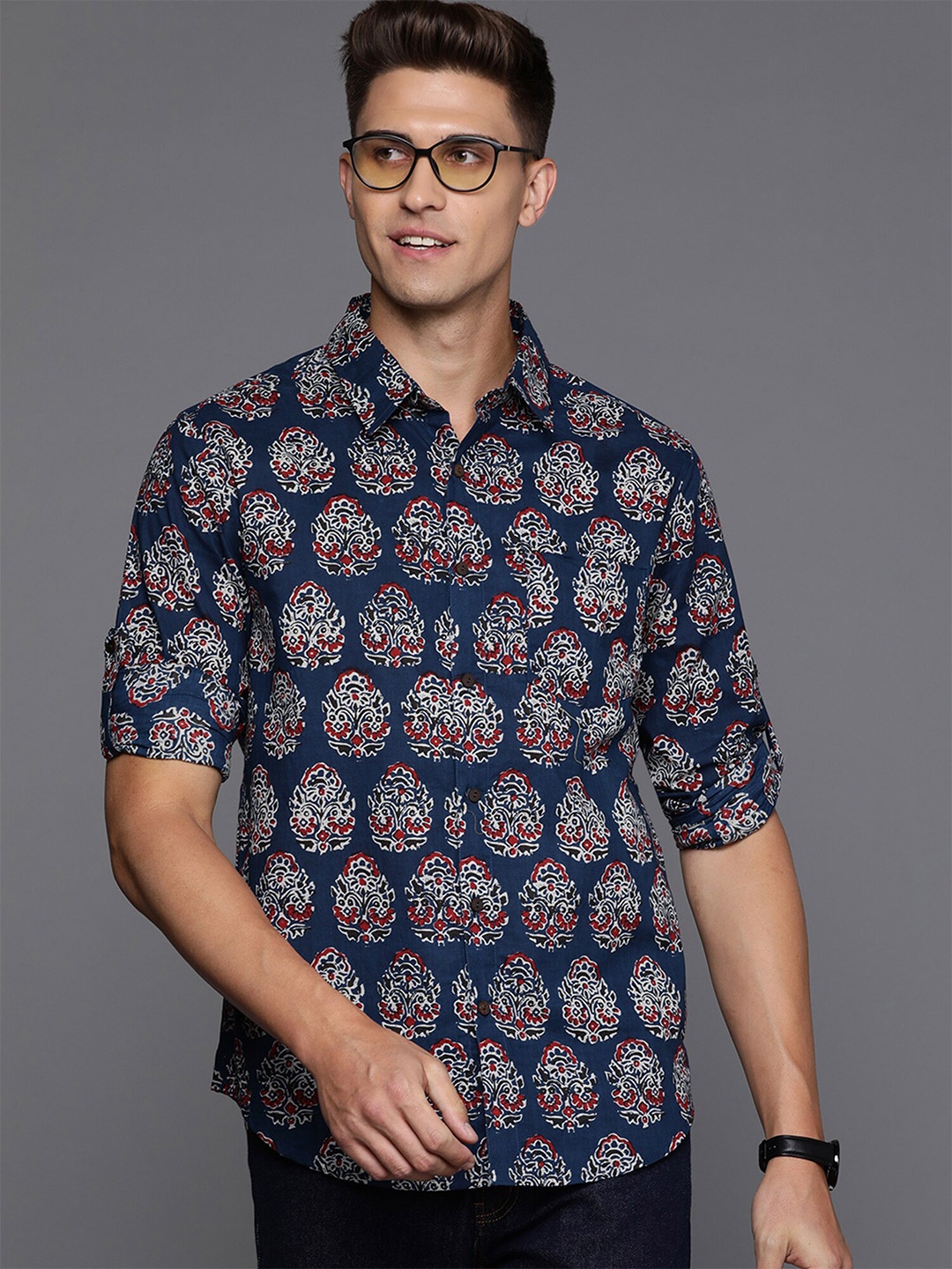 

Indo Era Smart Ethnic Motifs Printed Cotton Casual Shirt, Blue