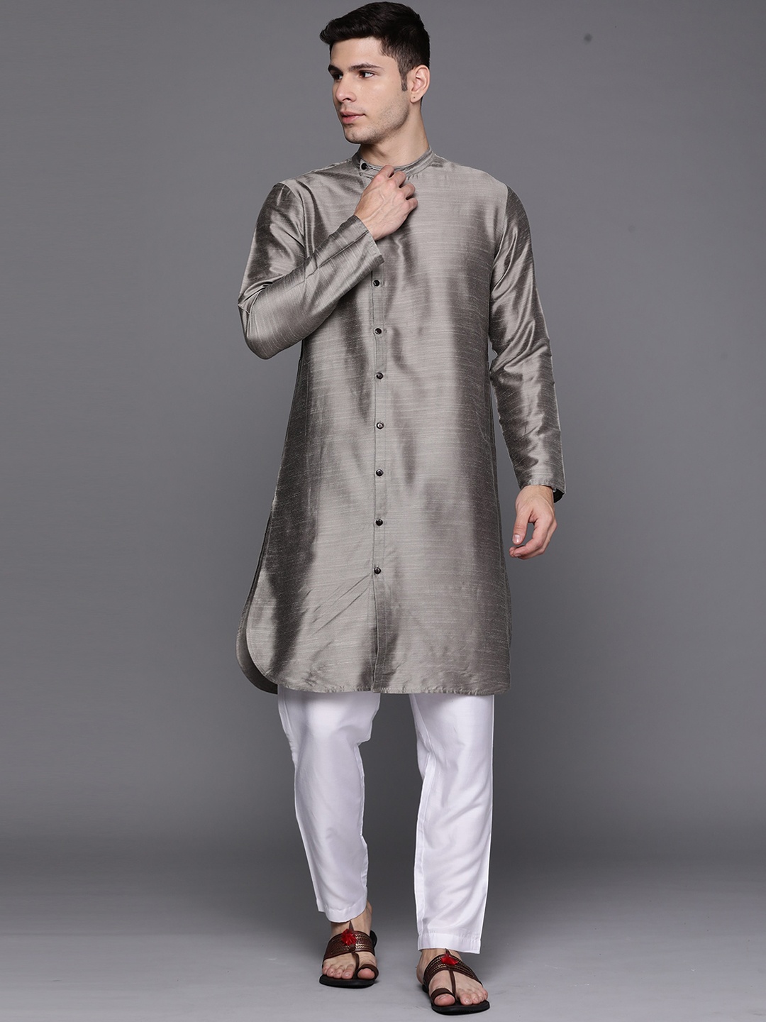 

Indo Era Band Collar Curved Hem Kurta, Grey