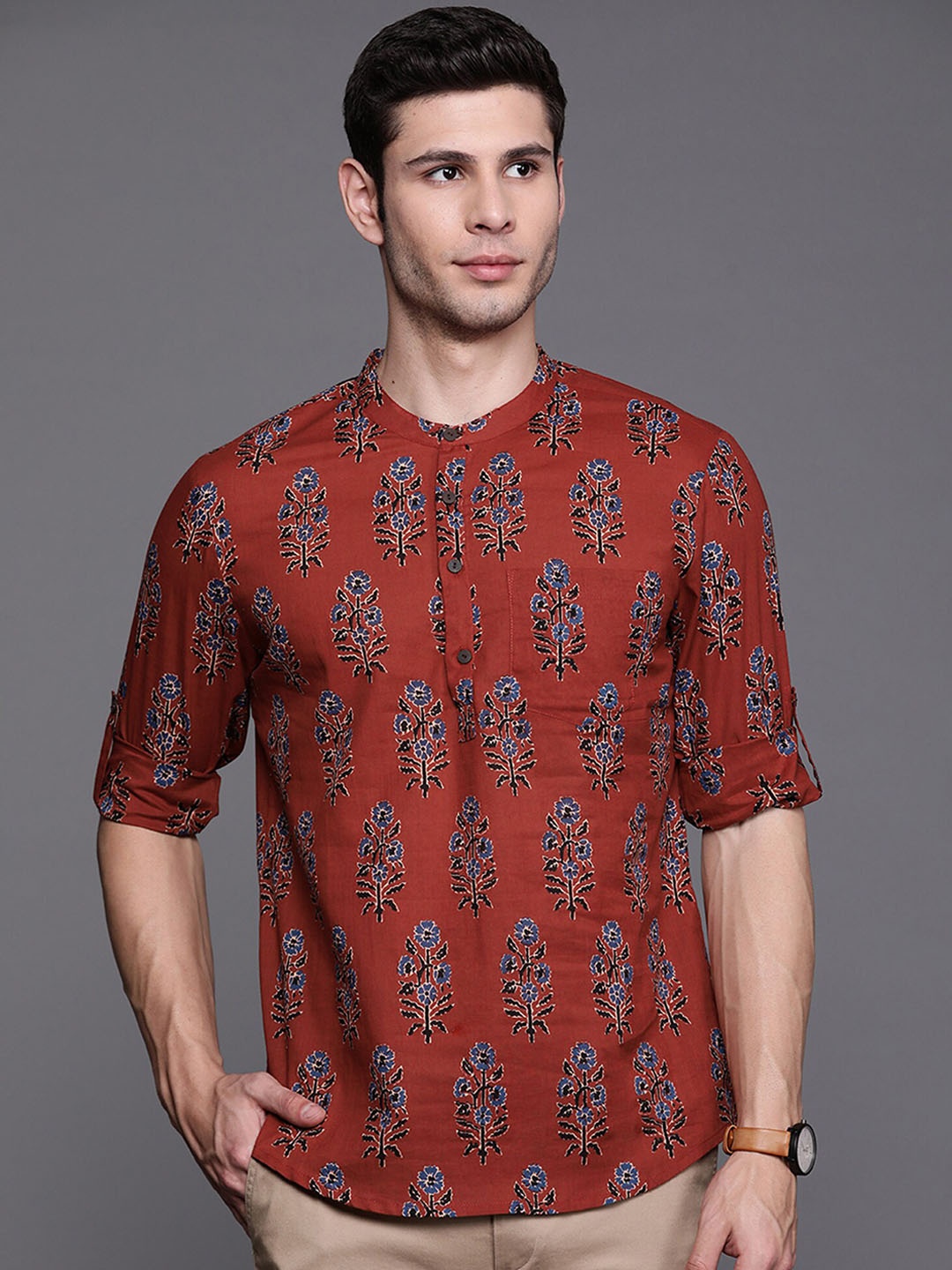 

Indo Era Ethnic Motif Printed Band Collar Pure Cotton Short Kurta, Maroon