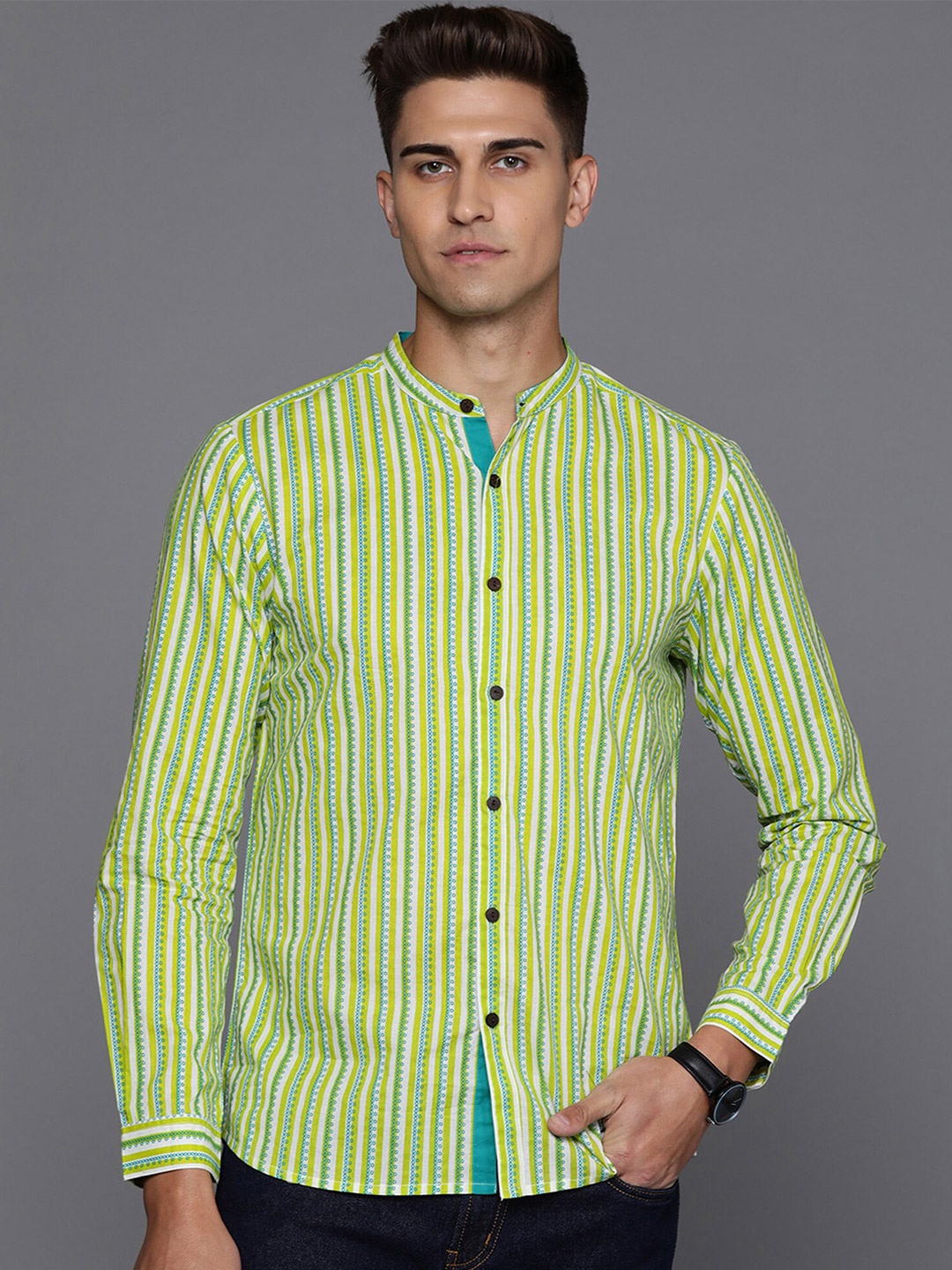 

Indo Era Smart Vertical Striped Mandarin Collar Cotton Casual Shirt, Green