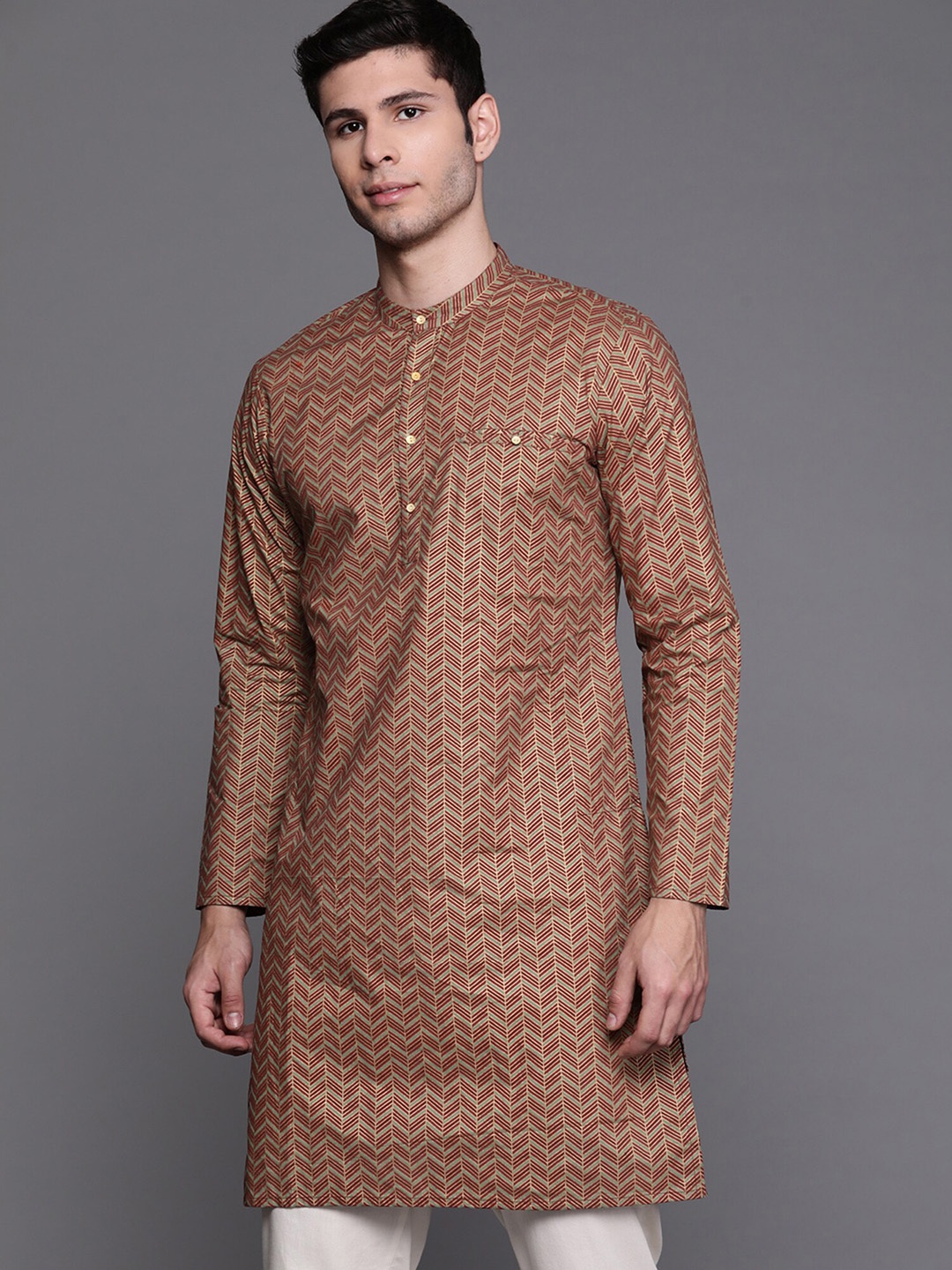 

Indo Era Geometric Mandarin Collar Cotton Kurta, Green