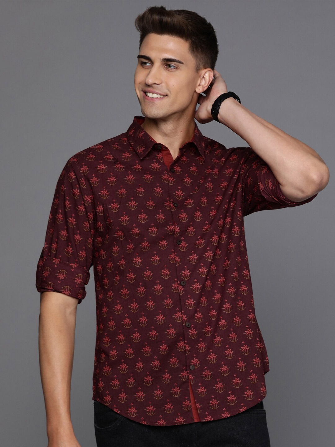 

Indo Era Smart Floral Printed Cotton Casual Shirt, Maroon