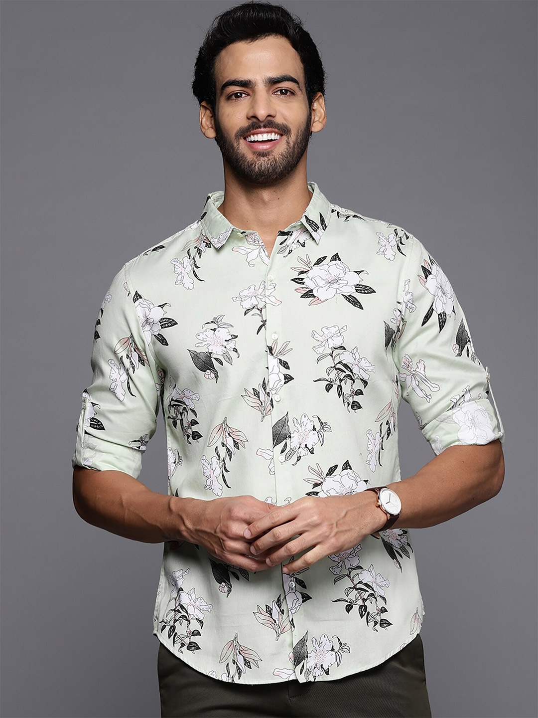 

Indo Era Smart Floral Printed Cotton Casual Shirt, Green