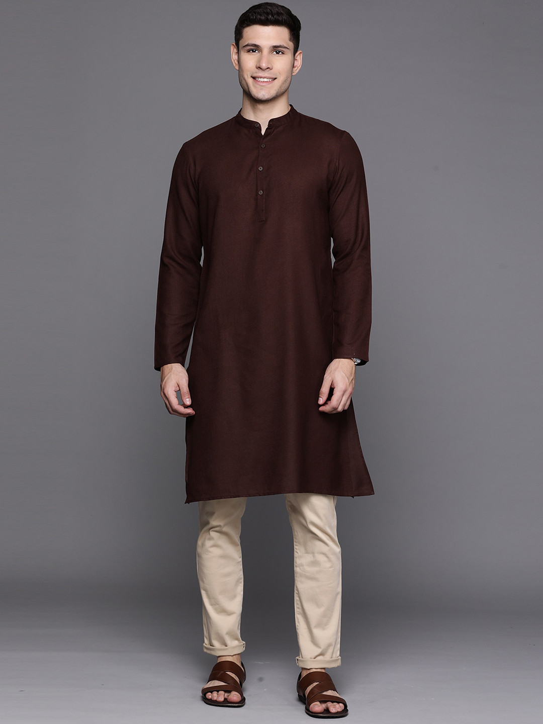 

Indo Era Band Collar Straight Kurta, Brown