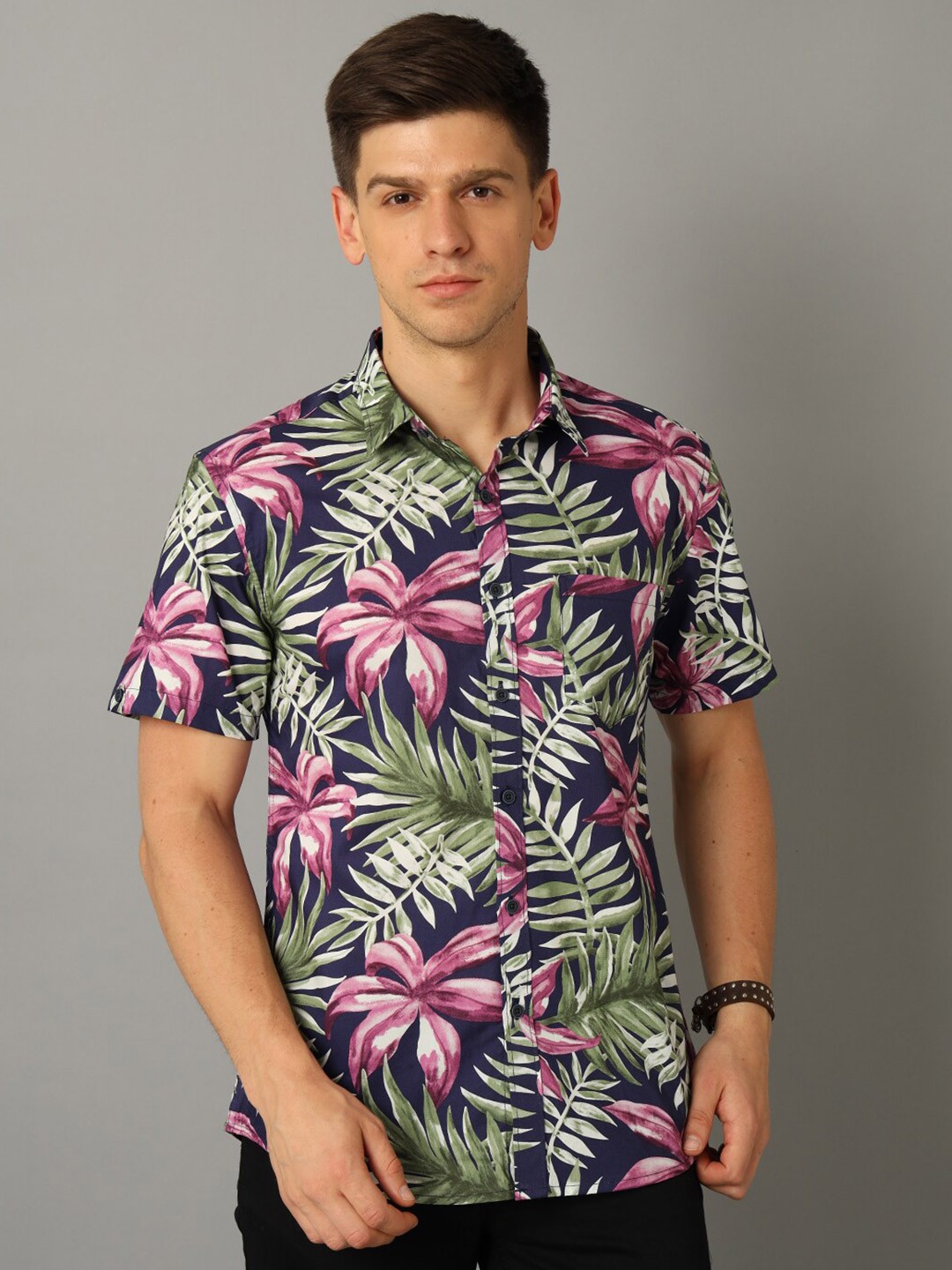 

YOVISH Floral Printed Cotton Casual Shirt, Navy blue