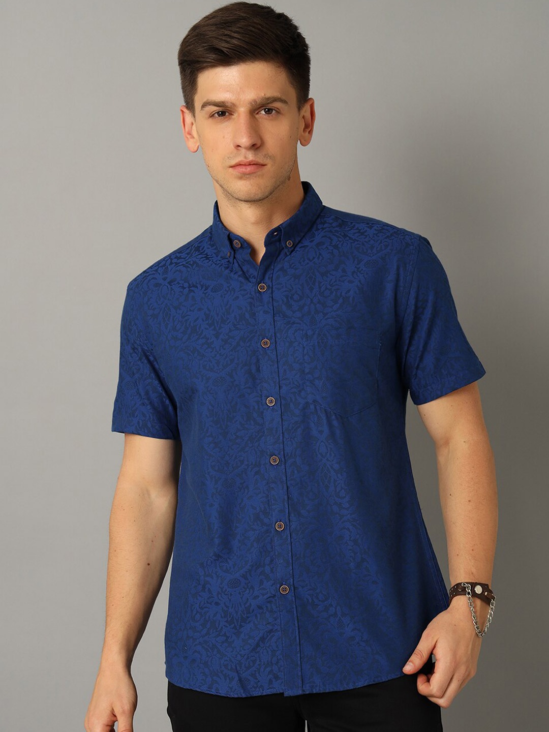 

YOVISH Floral Self Design Cotton Casual Shirt, Blue