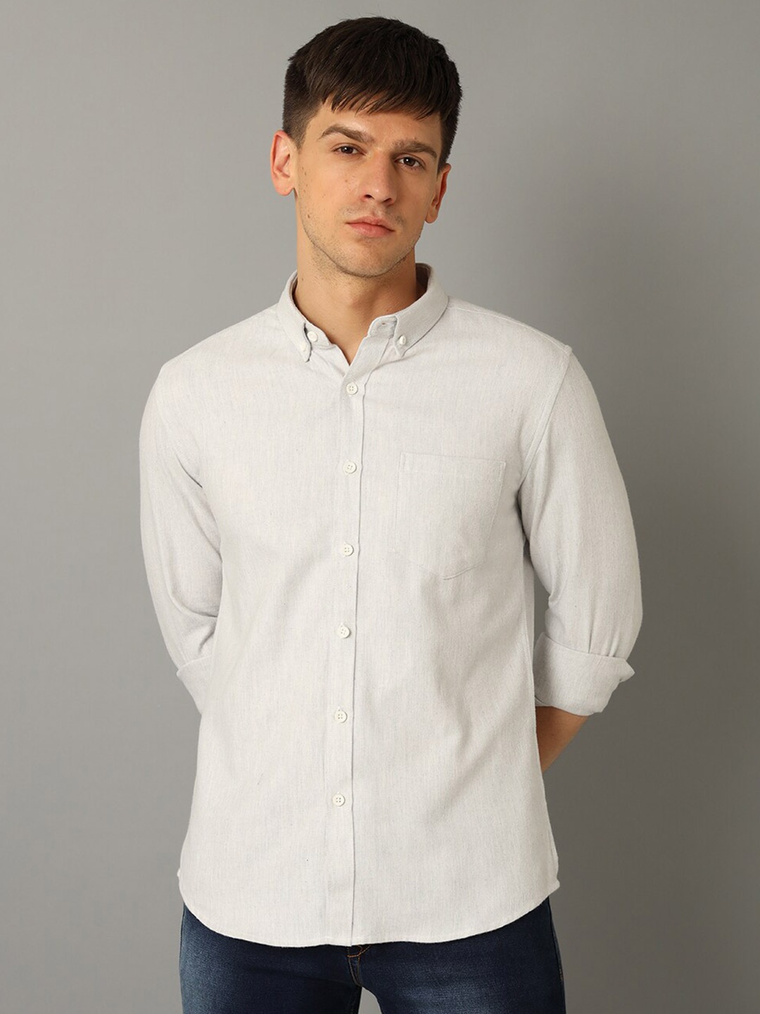 

YOVISH Button Down Collar Cotton Casual Shirt, Grey melange