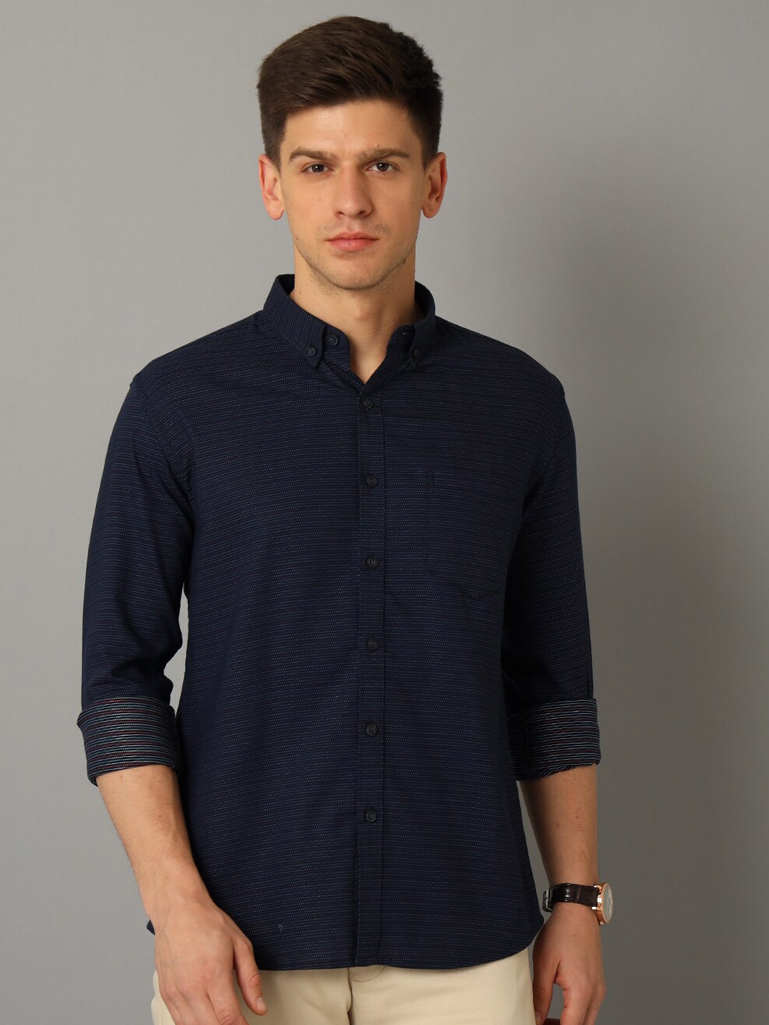 

YOVISH Button Down Collar Striped Smart Fit Cotton Casual Shirt, Navy blue