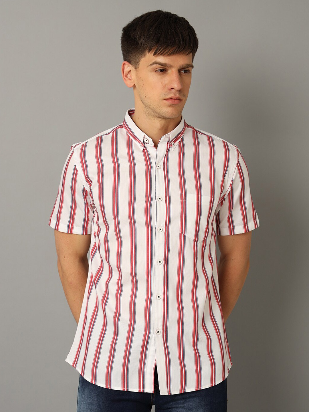 

YOVISH Button Down Collar Striped Cotton Casual Shirt, White