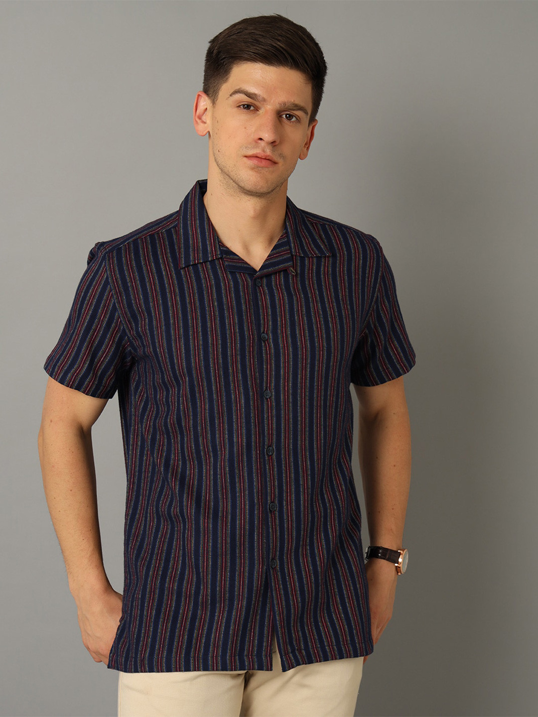 

YOVISH Striped Short Sleeves Smart Fit Cotton Casual Shirt, Navy blue