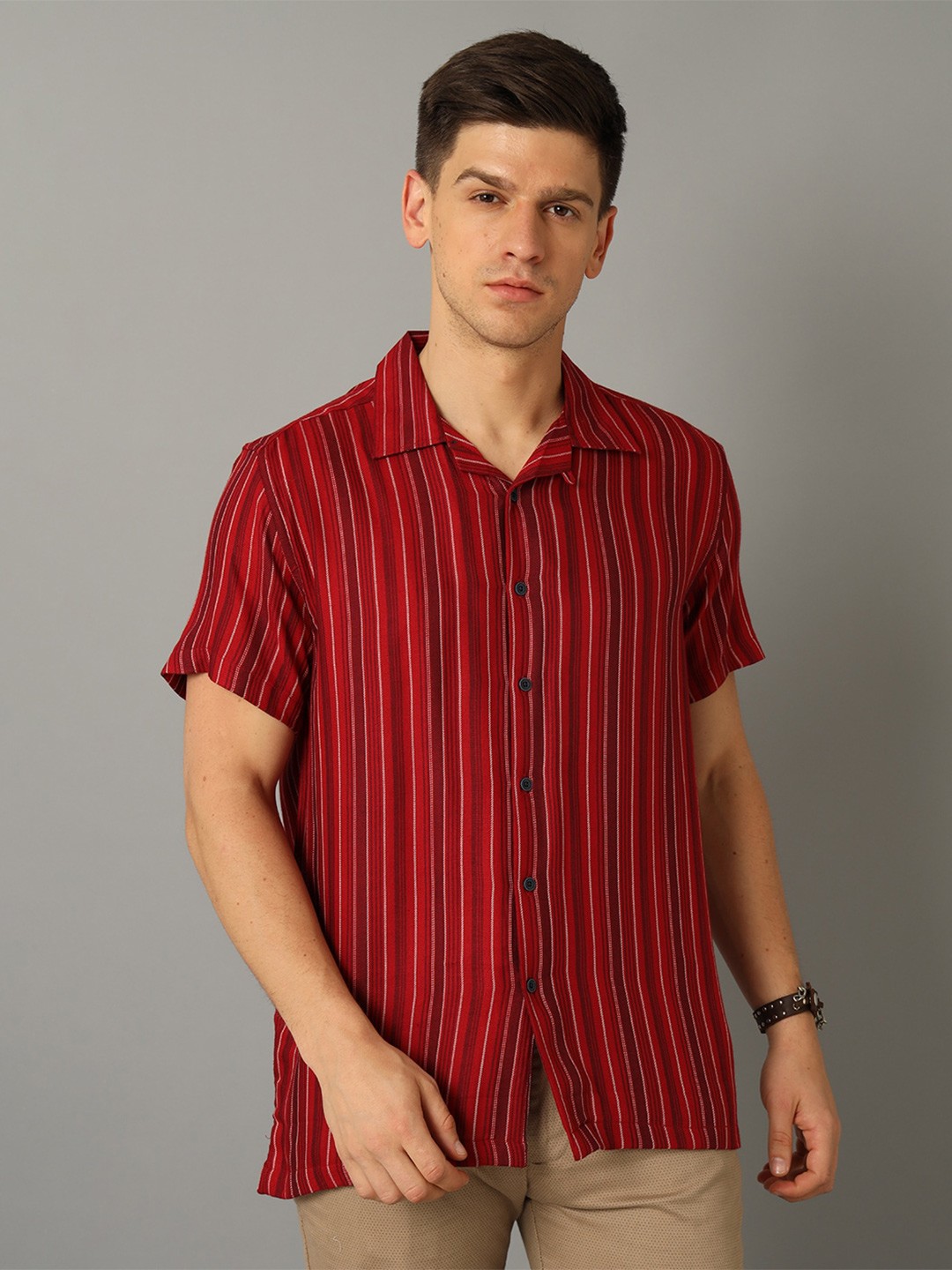 

YOVISH Striped Short Sleeves Smart Fit Cotton Casual Shirt, Red