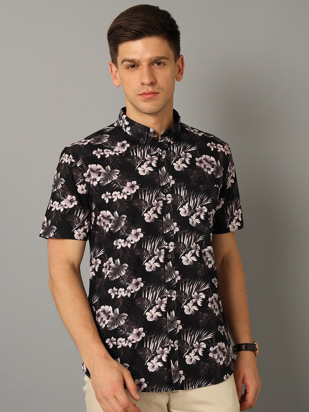 

YOVISH Floral Printed Cotton Casual Shirt, Black