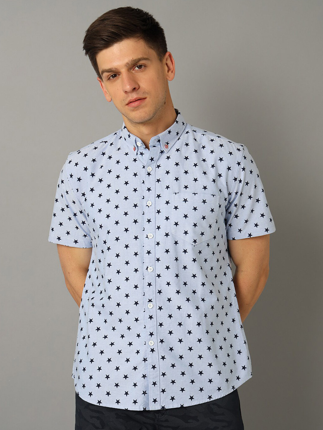 

YOVISH Button Down Collar Conversational Printed Cotton Casual Shirt, Blue