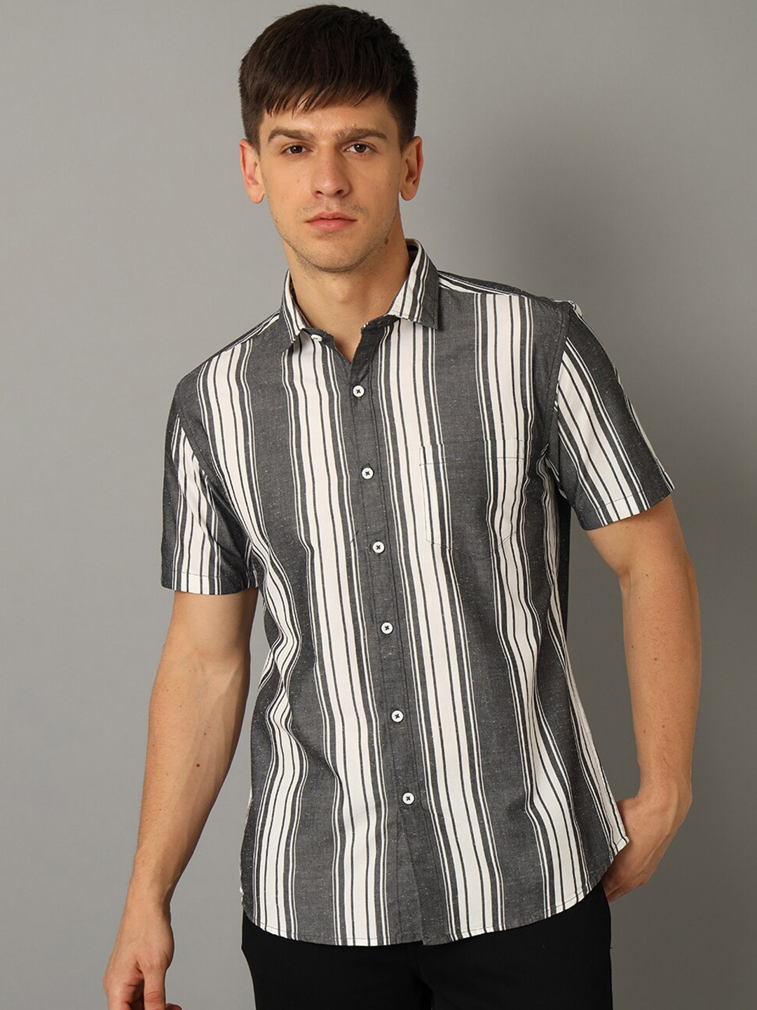 

YOVISH Spread Collar Striped Cotton Casual Shirt, Grey