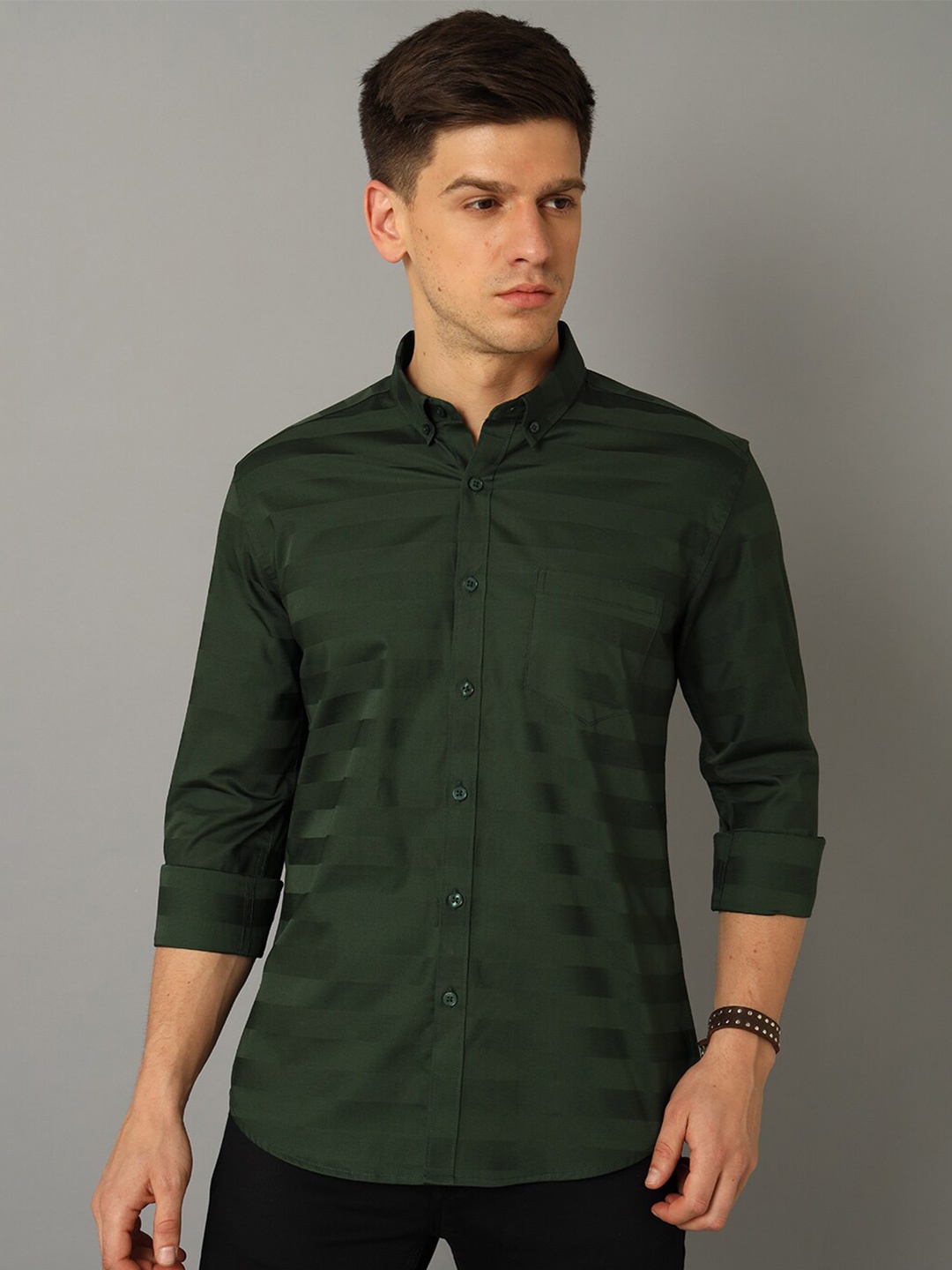 

YOVISH Striped Long Sleeves Smart Fit Cotton Casual Shirt, Green