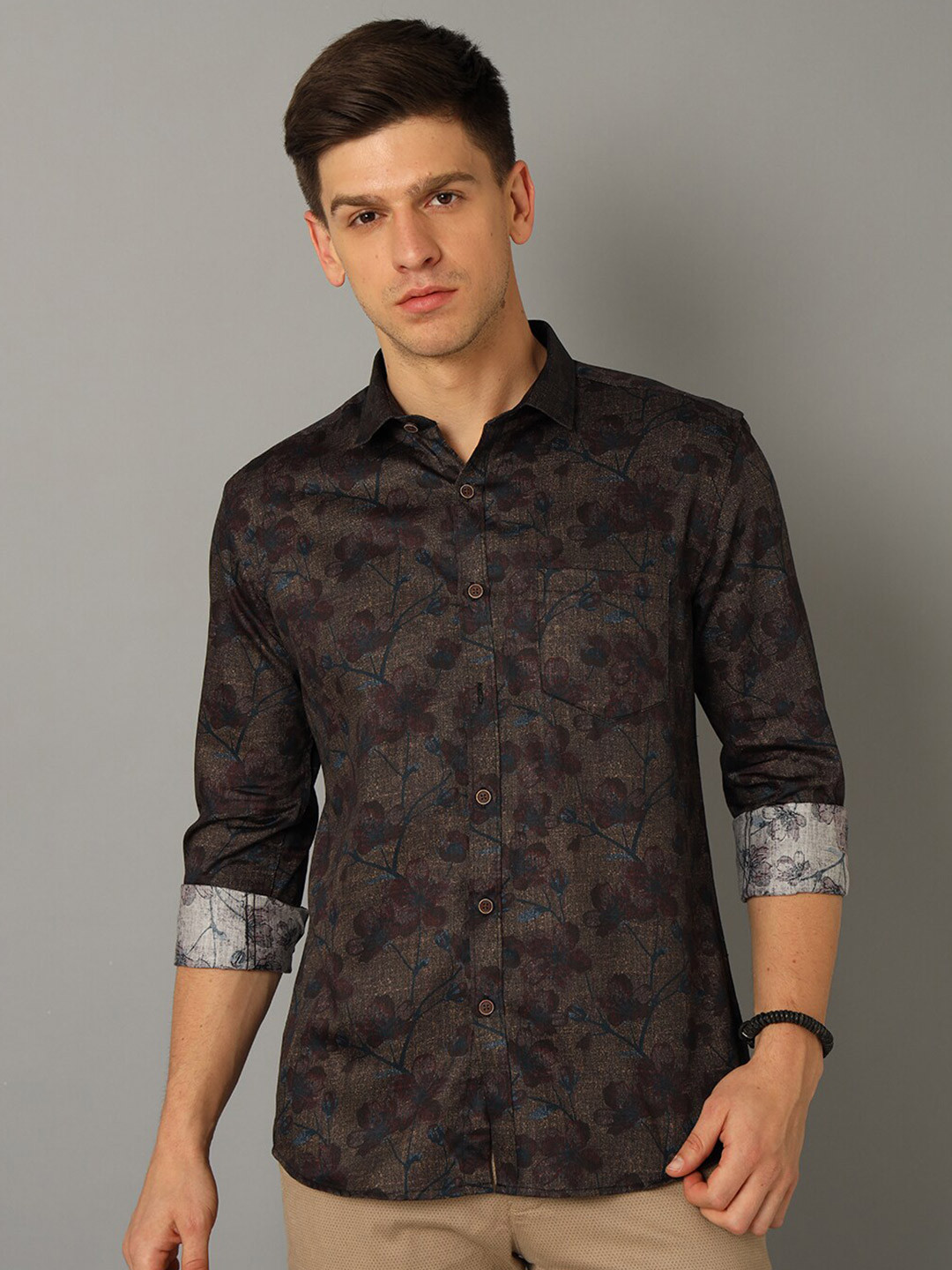

YOVISH Floral Printed Cotton Party Shirt, Brown