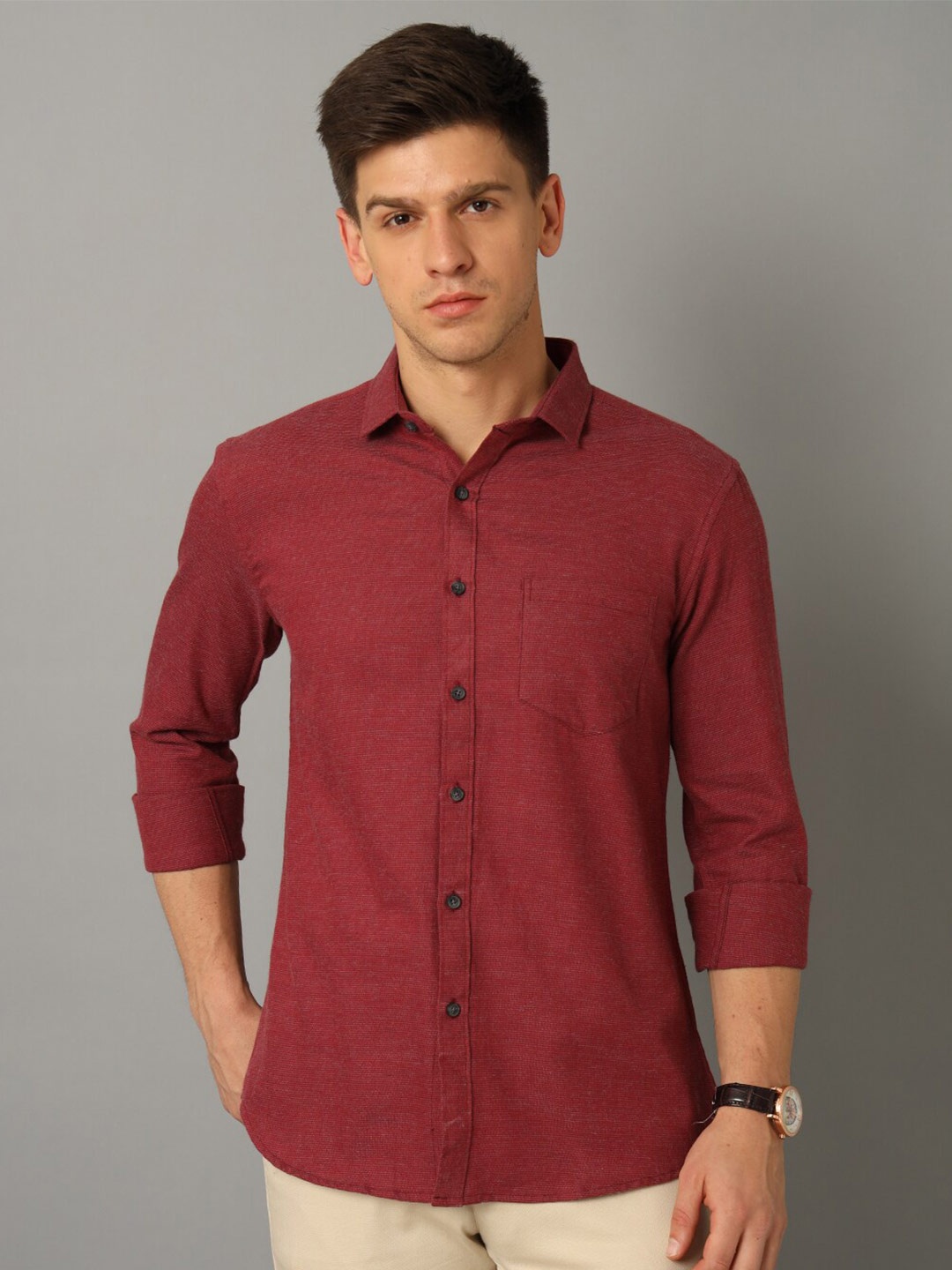 

YOVISH Spread Collar Self Design Cotton Casual Shirt, Red