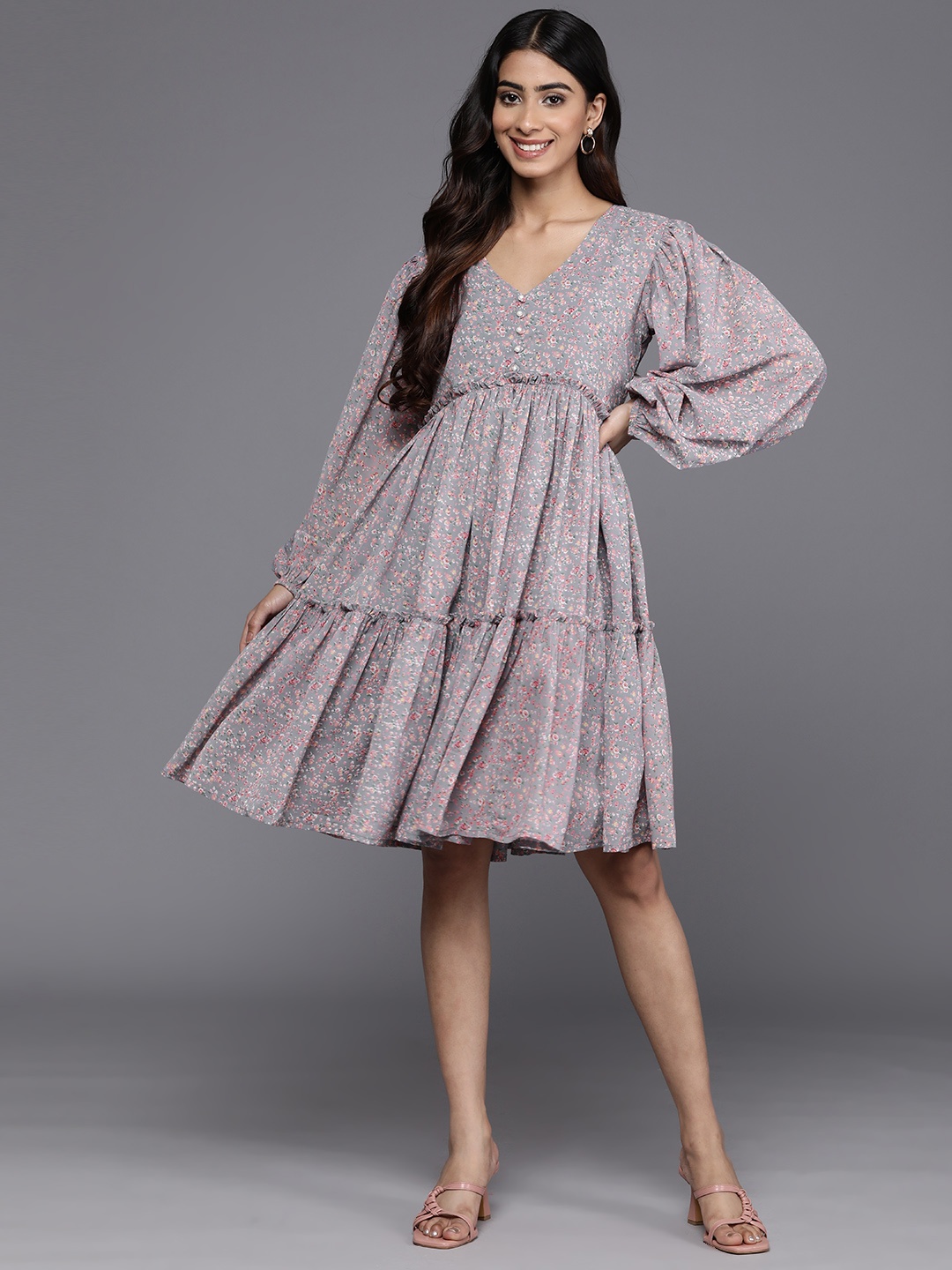 

Varanga Floral Print Puff Sleeves Tiered Georgette A-Line Dress, Grey