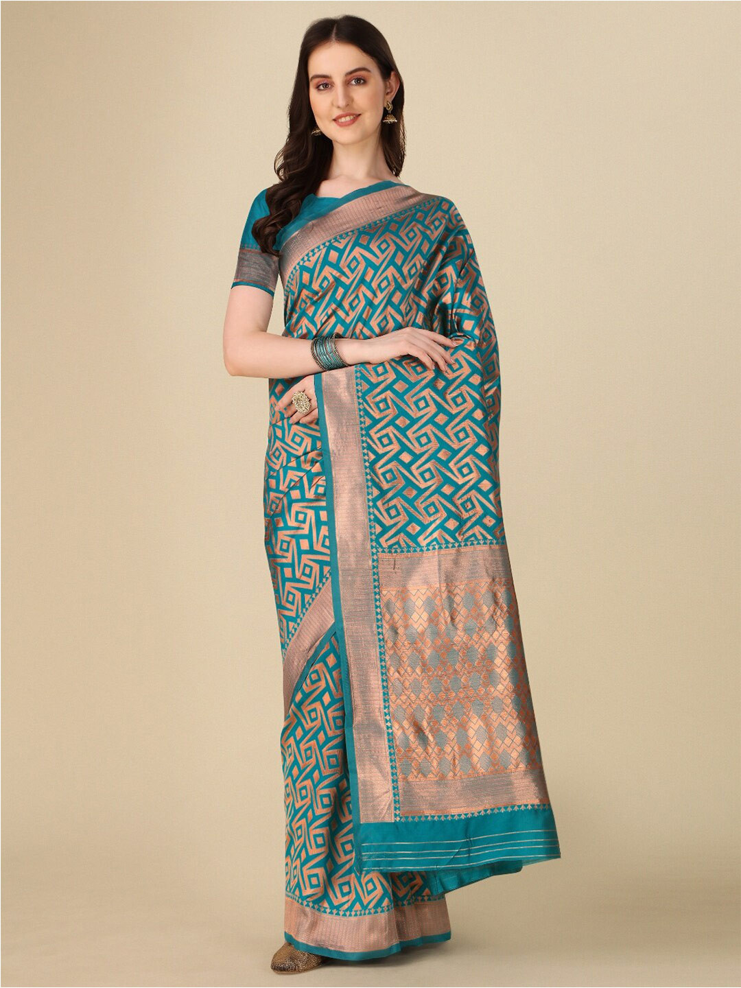 

AVANTIKA FASHION Geometric Woven Design Zari Pure Silk Kanjeevaram Saree, Turquoise blue