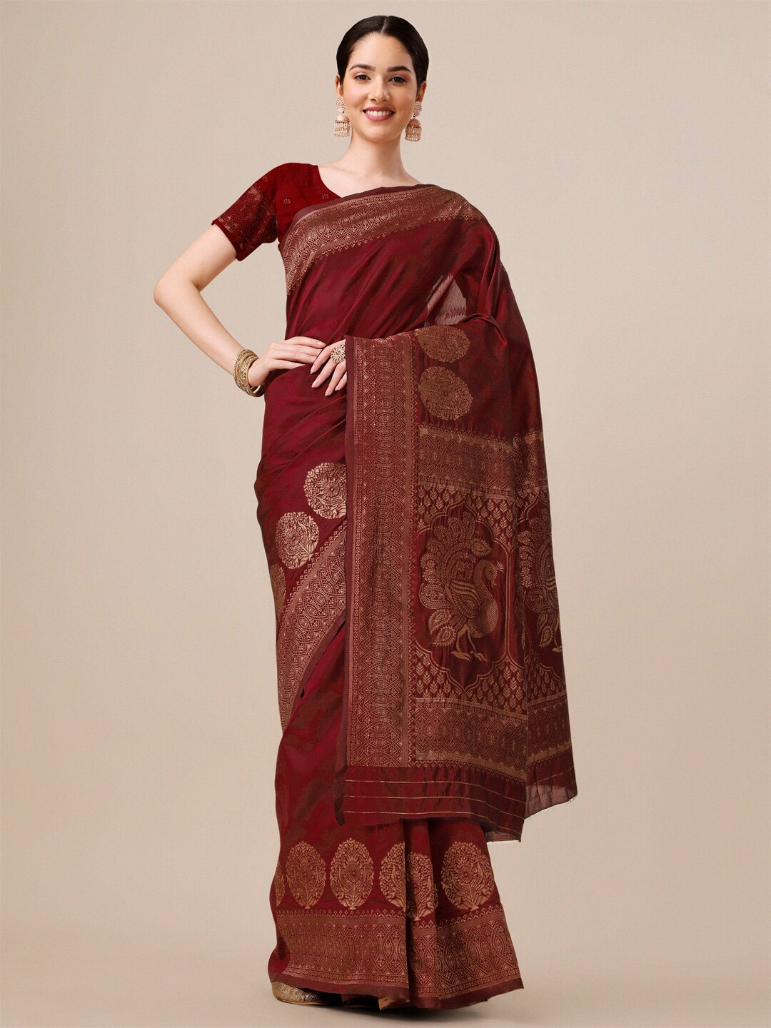 

AVANTIKA FASHION Ethnic Motifs Woven Design Zari Pure Silk Kanjeevaram Saree, Maroon