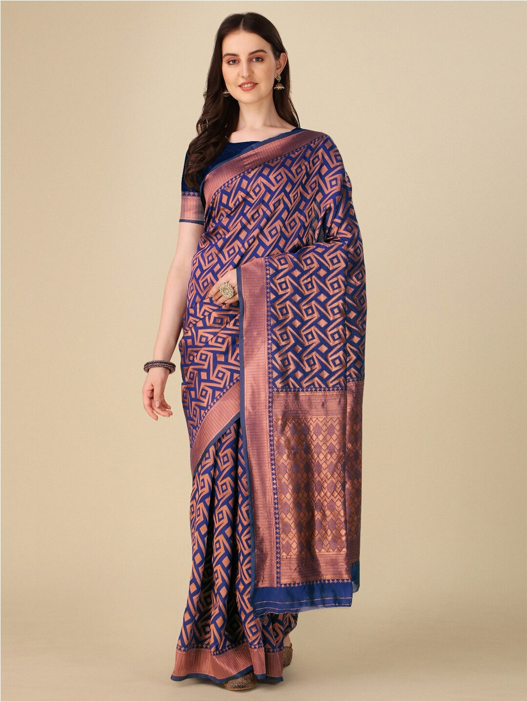 

AVANTIKA FASHION Geometric Woven Design Zari Pure Silk Kanjeevaram Saree, Blue