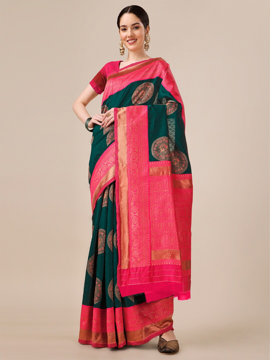 

AVANTIKA FASHION Ethnic Motifs Woven Design Zari Pure Silk Kanjeevaram Saree, Green