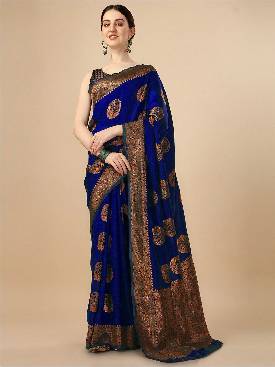 

AVANTIKA FASHION Floral Motif Woven Design Zari Pure Silk Kanjeevaram Saree, Blue