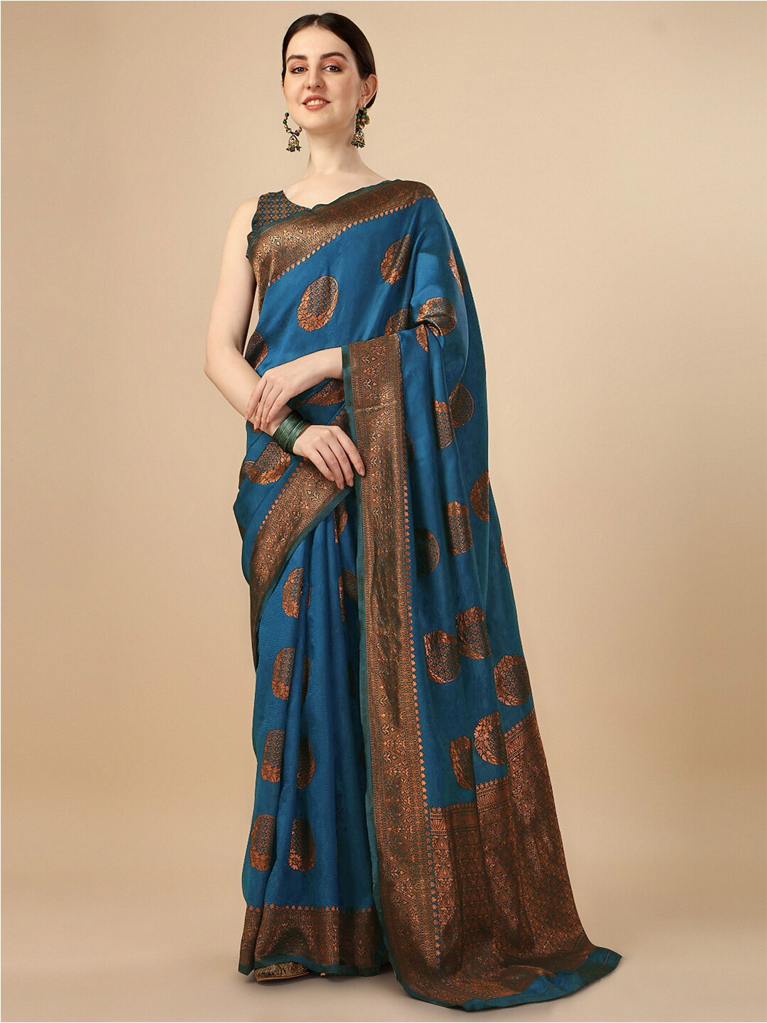

AVANTIKA FASHION Floral Motif Woven Design Zari Pure Silk Kanjeevaram Saree, Turquoise blue