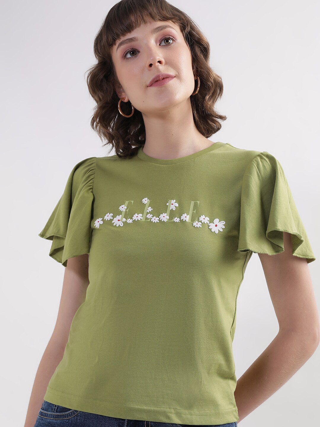 

ELLE Floral Printed Flared Sleeves Pure Cotton Top, Green