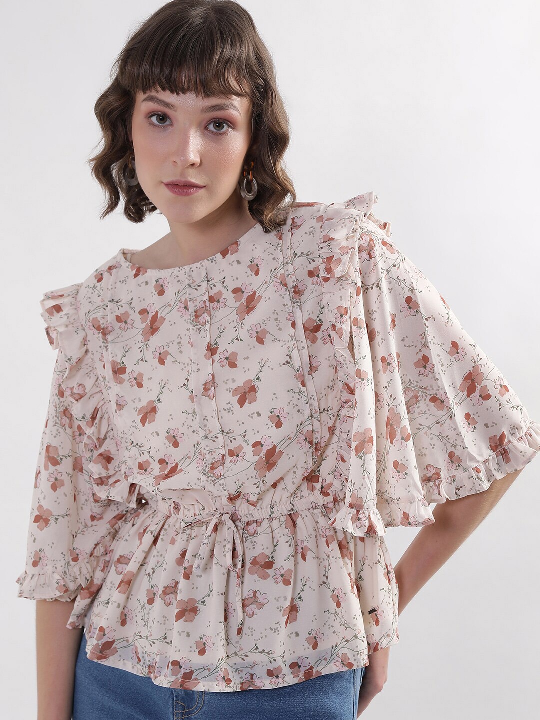 

ELLE Floral Printed Flared Sleeves Cinched Waist Top, White