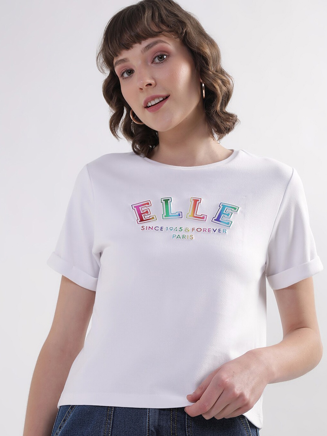 ELLE Typography Printed Round Neck Sleeves T-shirt, White