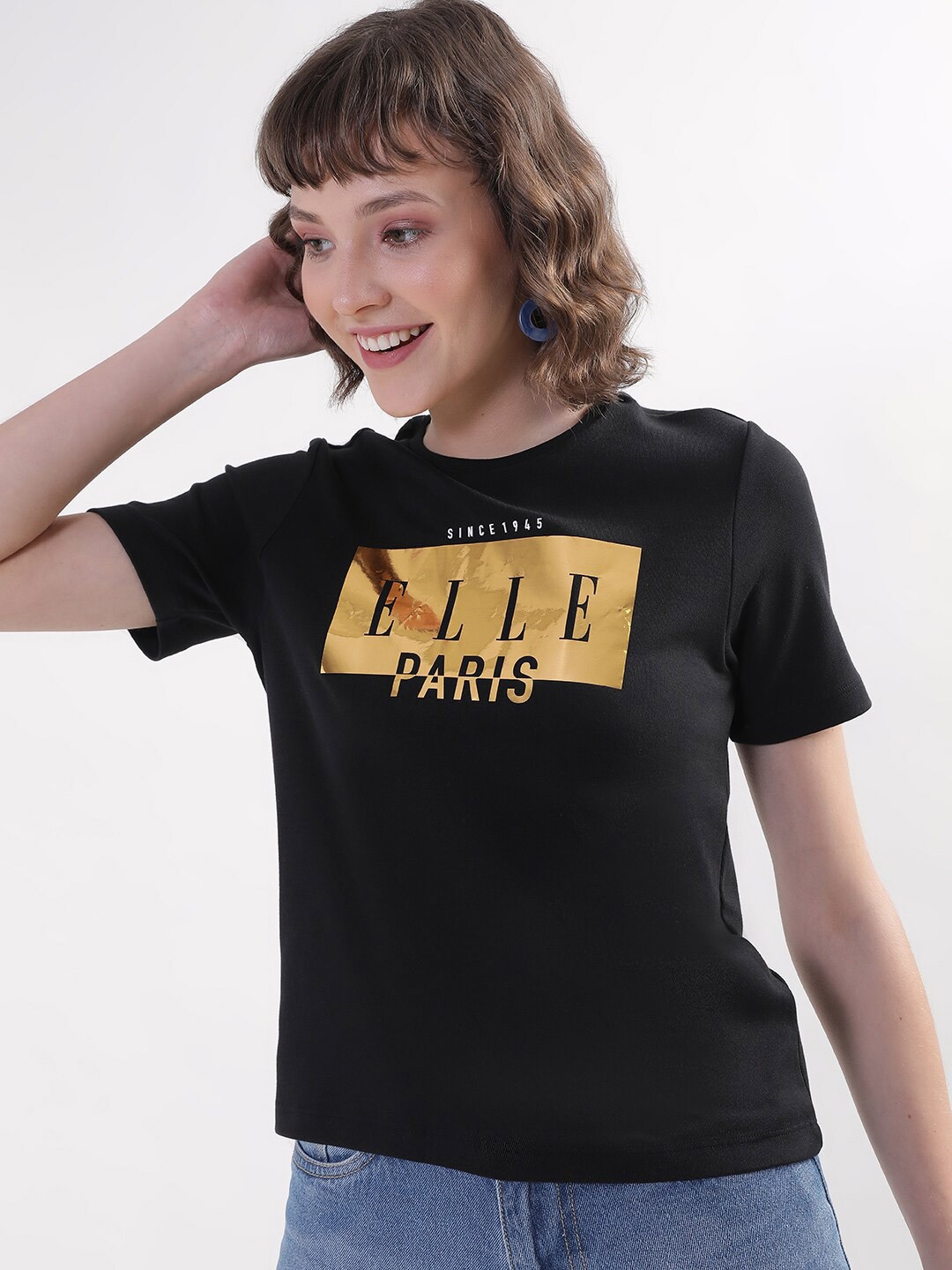 

ELLE Typography Round Neck Cotton Crop T-shirt, Black