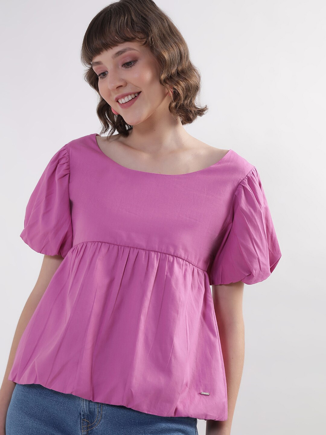 

ELLE Boat Neck Puff Sleeve Cotton Peplum Top, Pink
