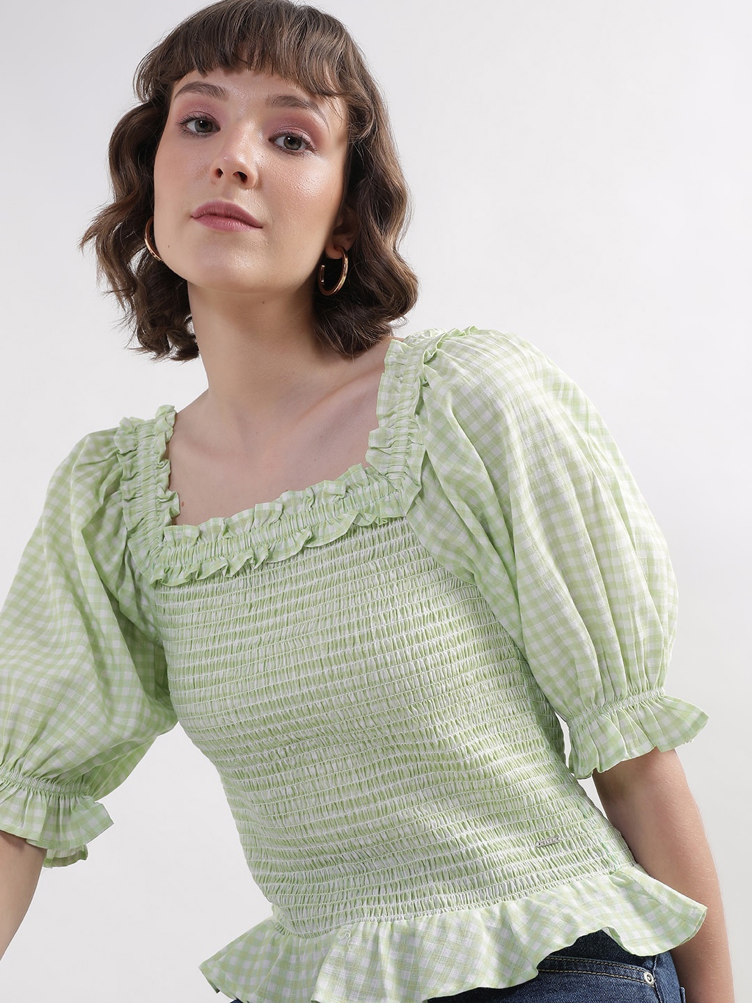 

ELLE Checked Square Neck Puff Sleeve Smocking Top, Green