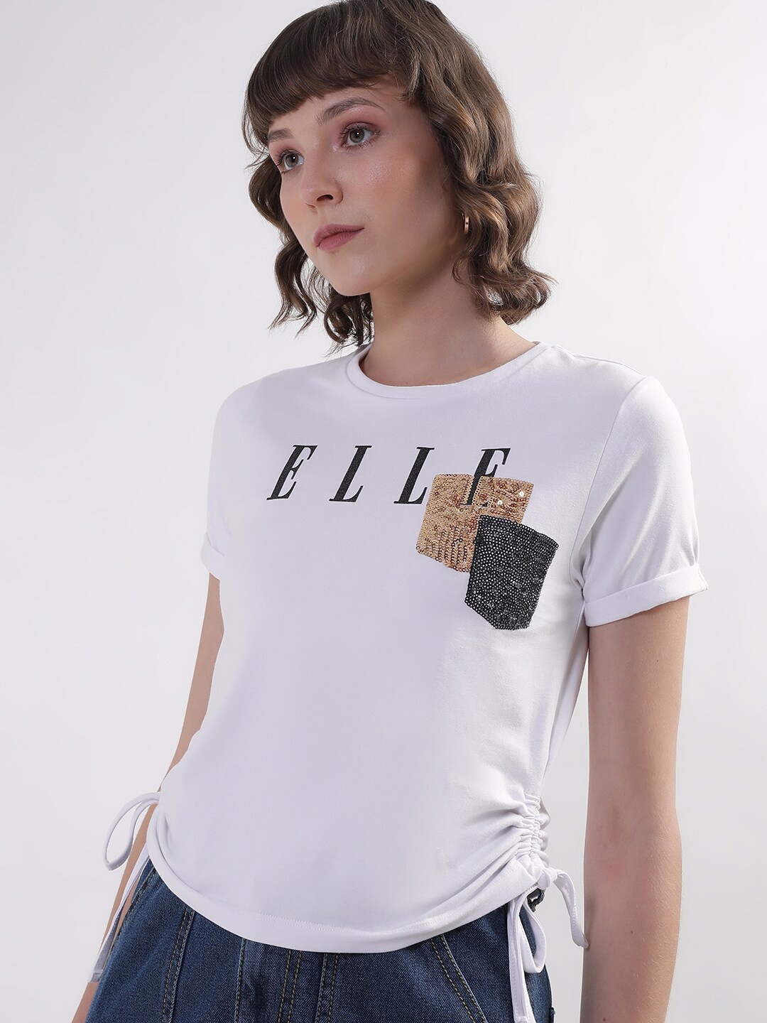 

ELLE Typography Printed Embellished Pure Cotton T-shirt, White