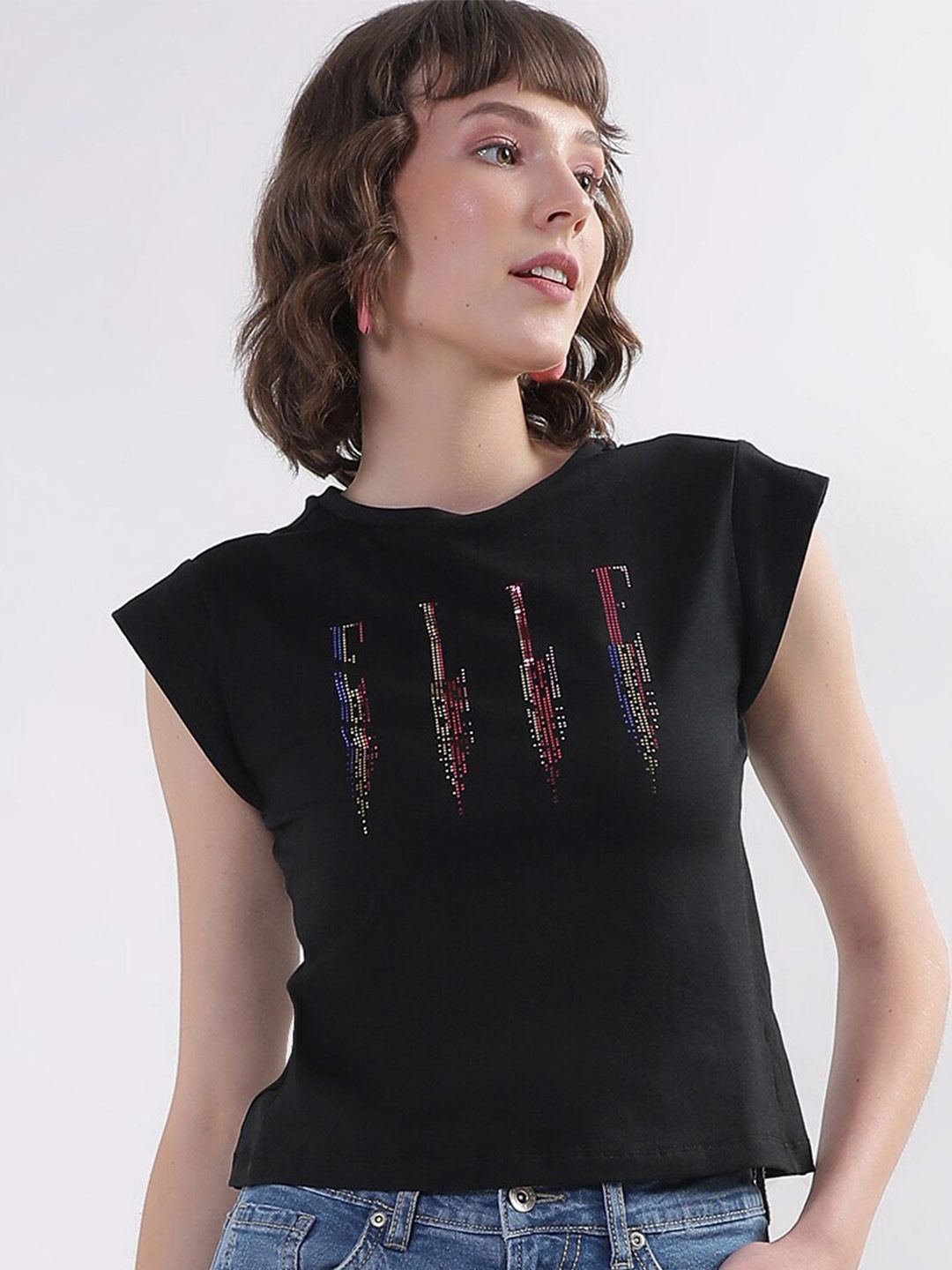 

ELLE Cap Sleeves Embellished Pure Cotton Crop T-shirt, Black