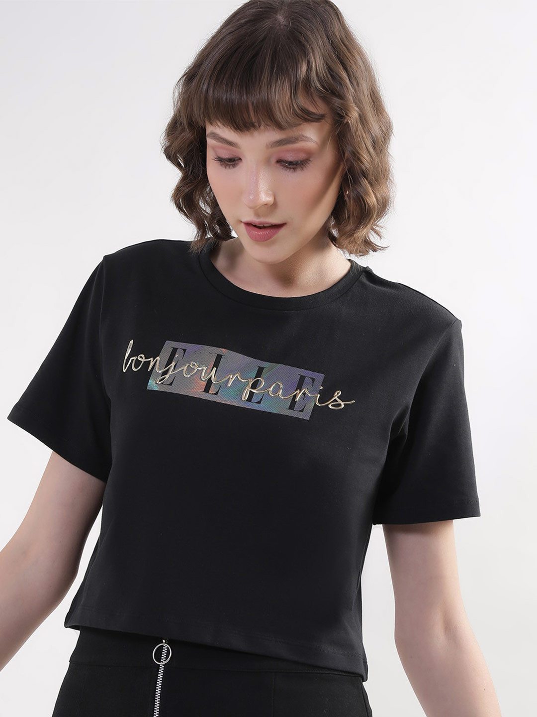 

ELLE Typography Printed Pure Cotton Crop T-shirt, Black