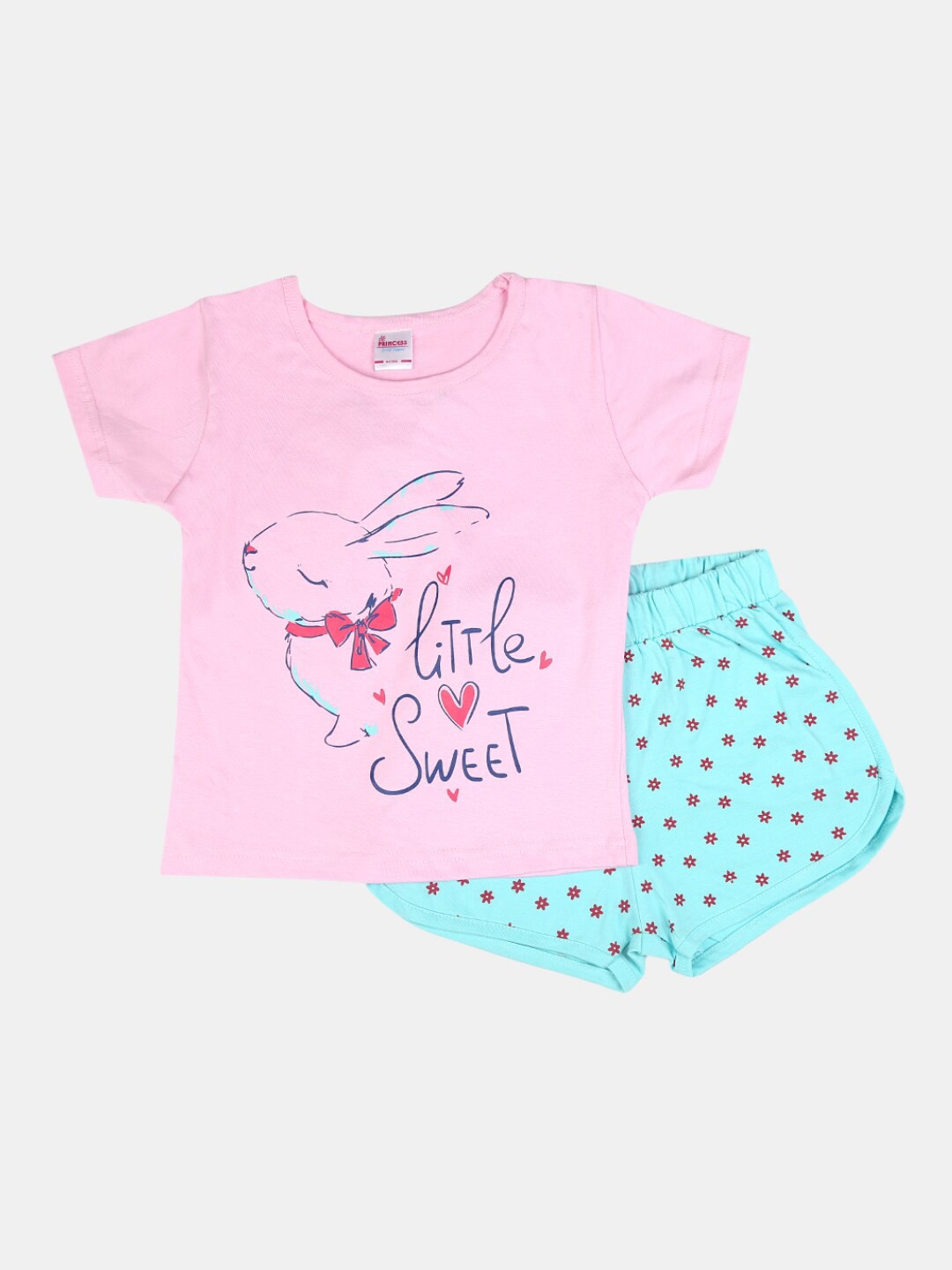 

V-Mart Girls Printed Pure Cotton Round Neck T-shirt with Shorts Clothing Set, Pink