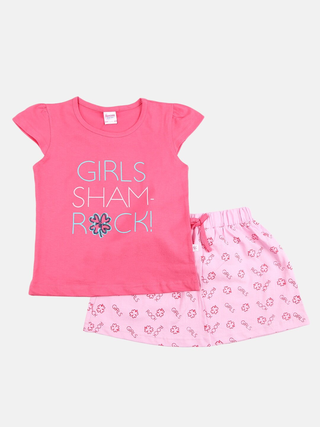 

V-Mart Girls Printed Pure Cotton Round Neck Top with Skirt Clothing Set, Pink