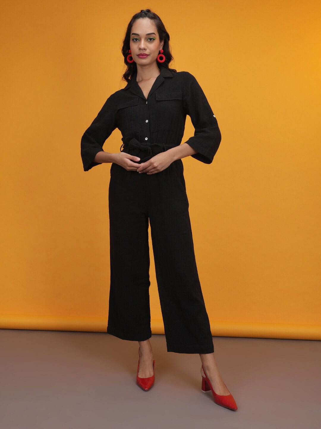 

Freehand by The Indian Garage Co Shirt Collar Three-Quarter Sleeves Waist Tie-Ups Culotte Jumpsuit, Black